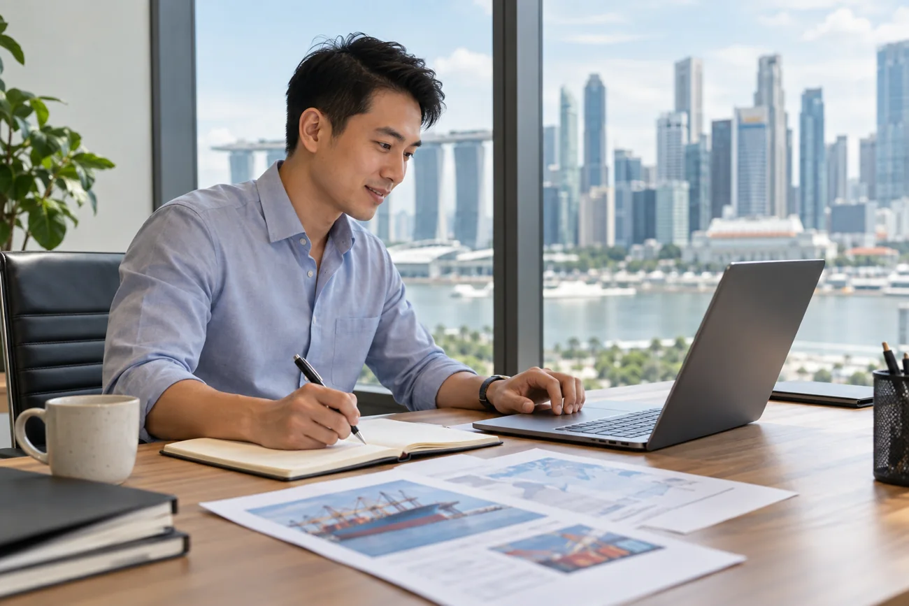 Illustrative Singapore finance professional studying trade finance
