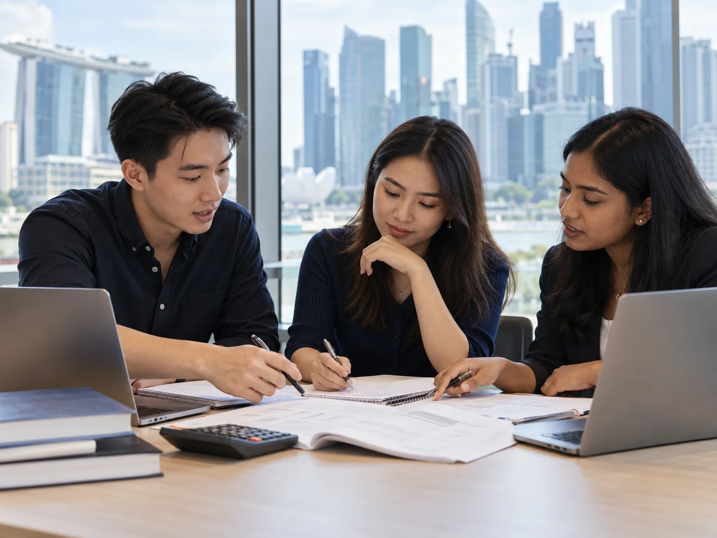 Illustrative finance professionals studying accounting together in Singapore