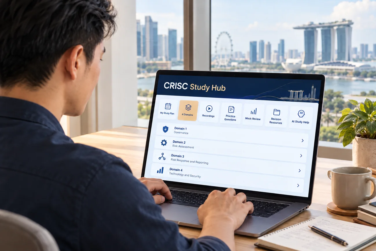 Illustrative CRISC study platform used by a professional in Singapore, showing four domains, practice, recordings and revision resources