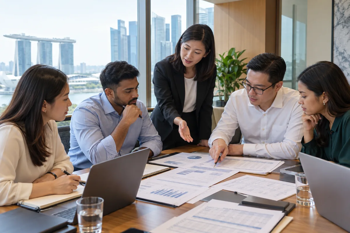Illustrative Singapore finance team discussing financial-reporting training