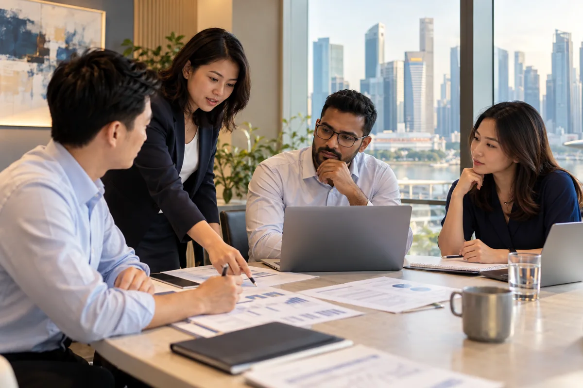 Illustrative Singapore finance team discussing reporting changes in a workshop