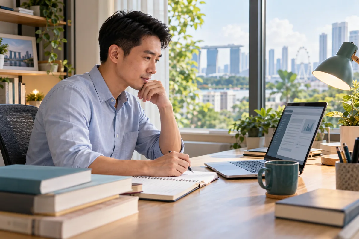 Illustrative accounting professional studying financial reporting with laptop and notes