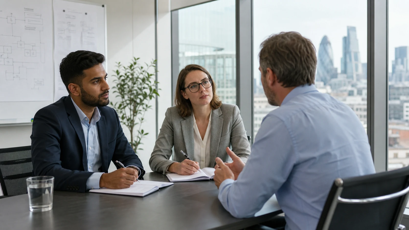 Professional auditors conducting a quality management system evidence interview in London