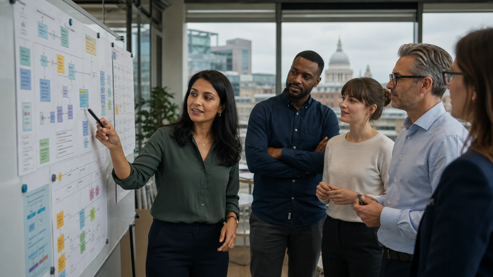 Quality professionals discussing process ownership during an ISO 9001 implementation workshop in London
