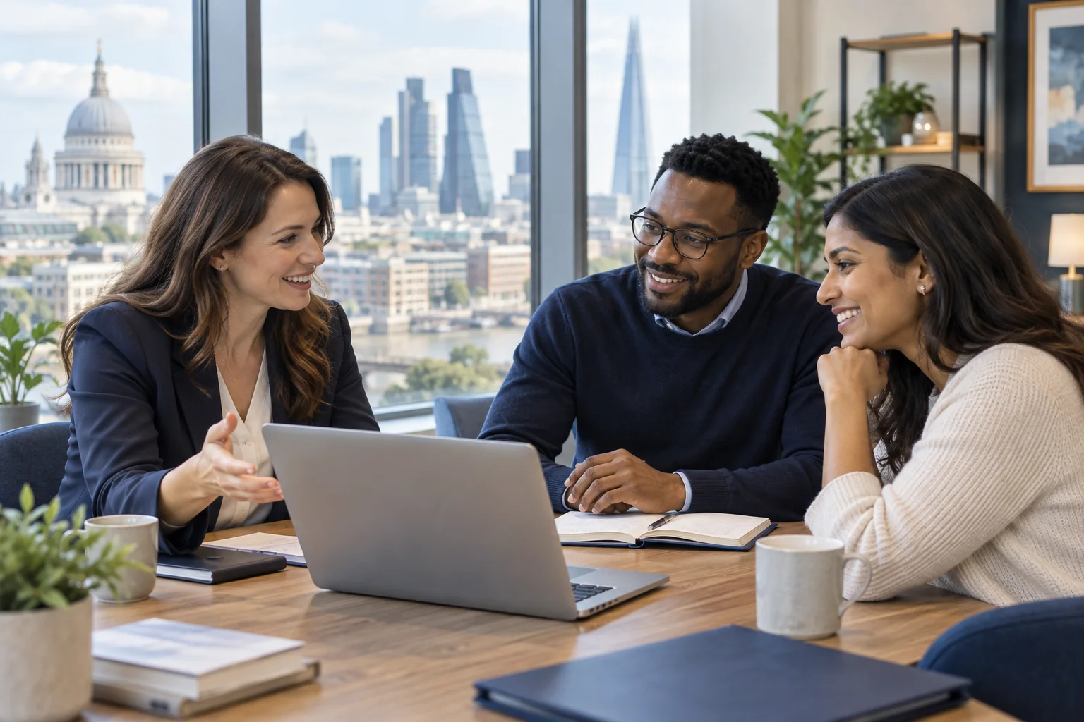 Representative professional course-advice conversation in a bright London setting