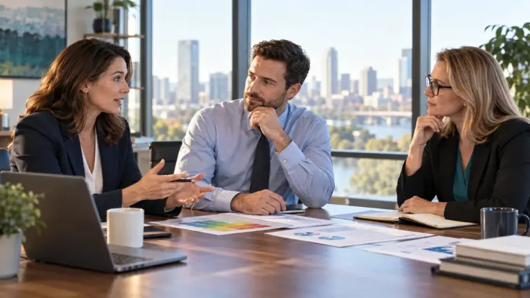 Internal audit professionals discussing career and salary progression in a U.S. office