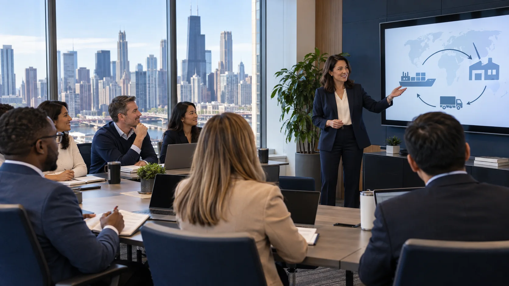 Illustration of a corporate trade-finance training workshop overlooking the Chicago skyline