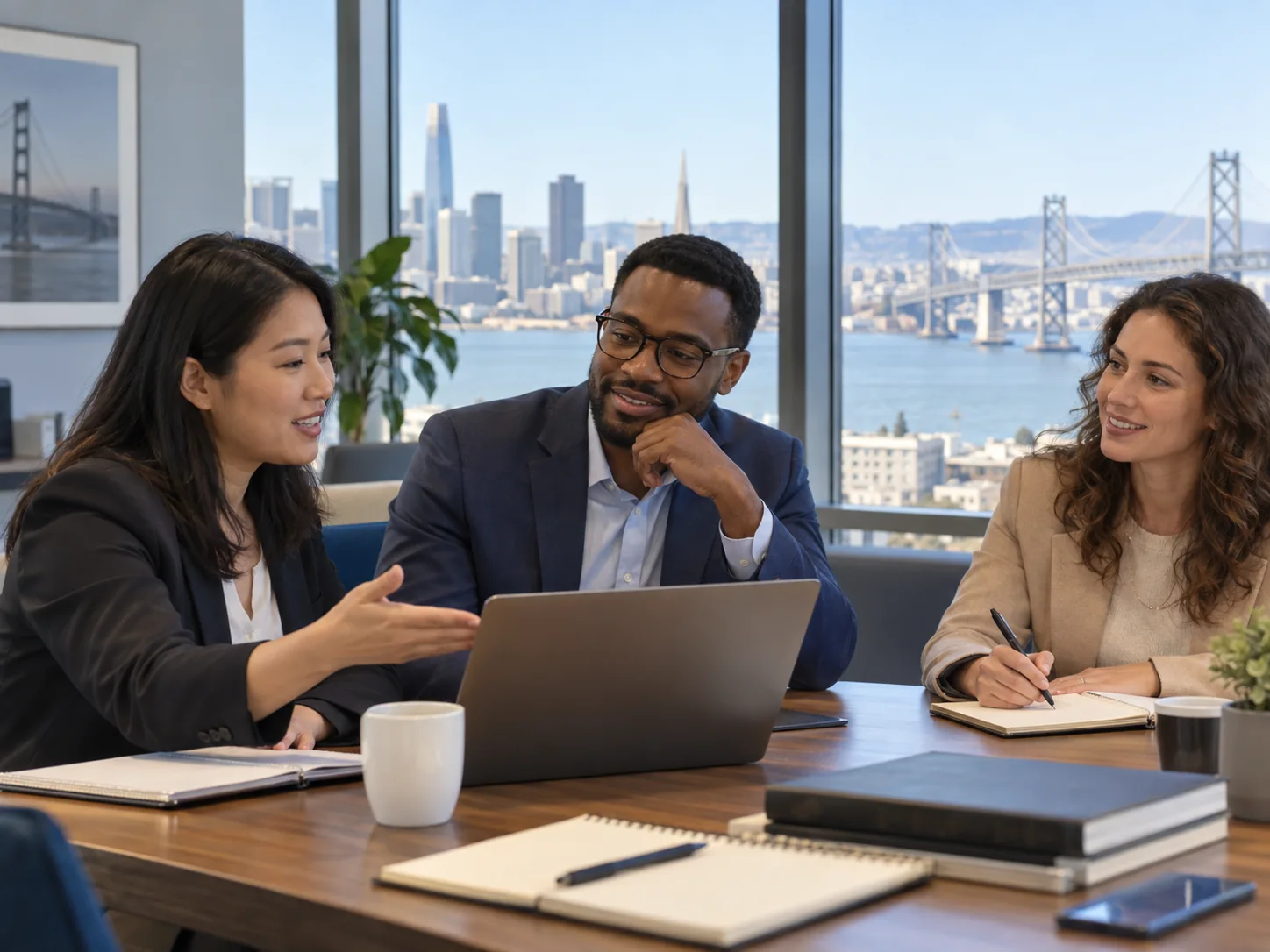Illustration of trade-finance professionals studying together with a San Francisco skyline view