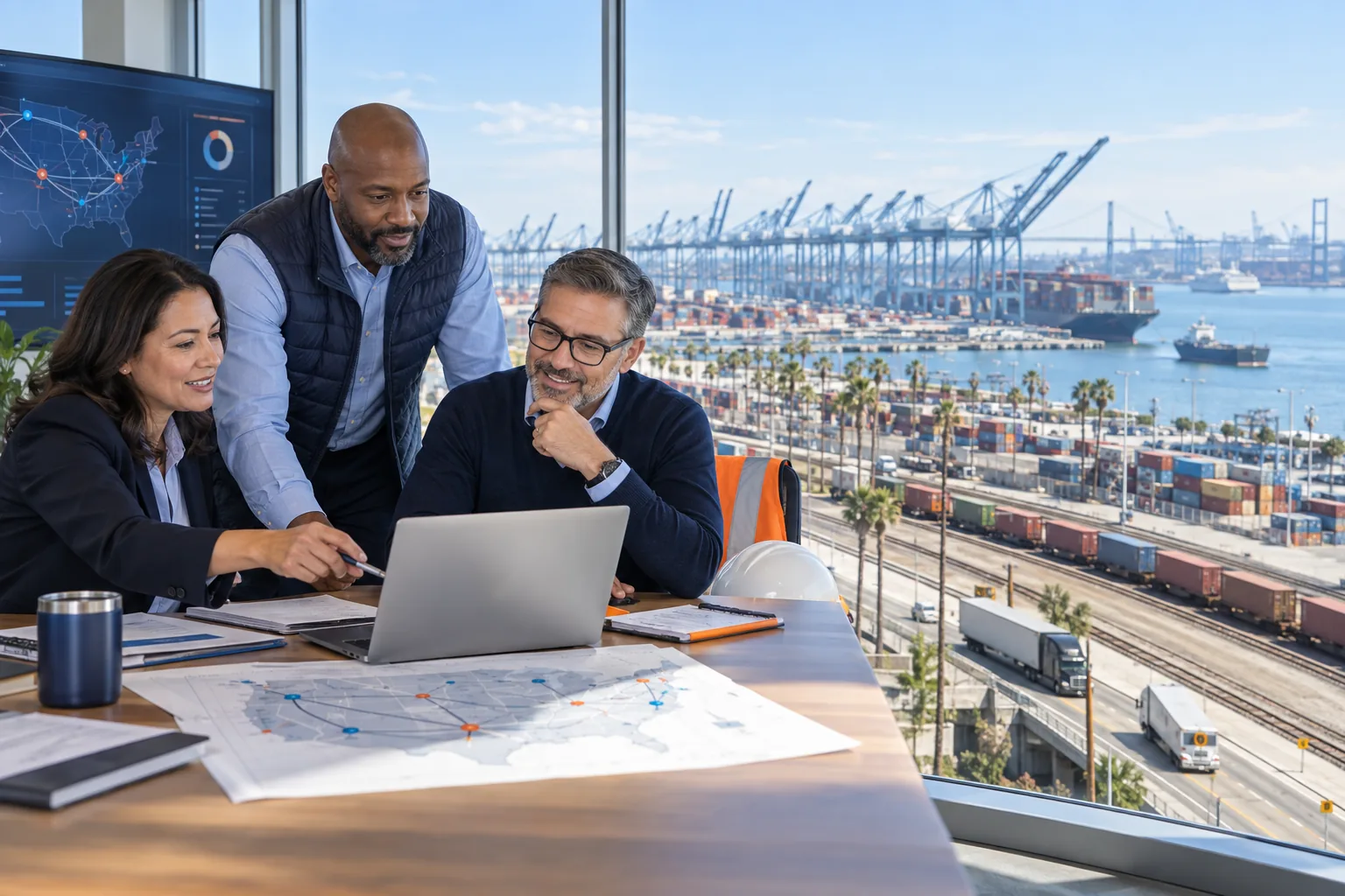 US supply chain professionals reviewing resilience and distribution decisions at a West Coast port
