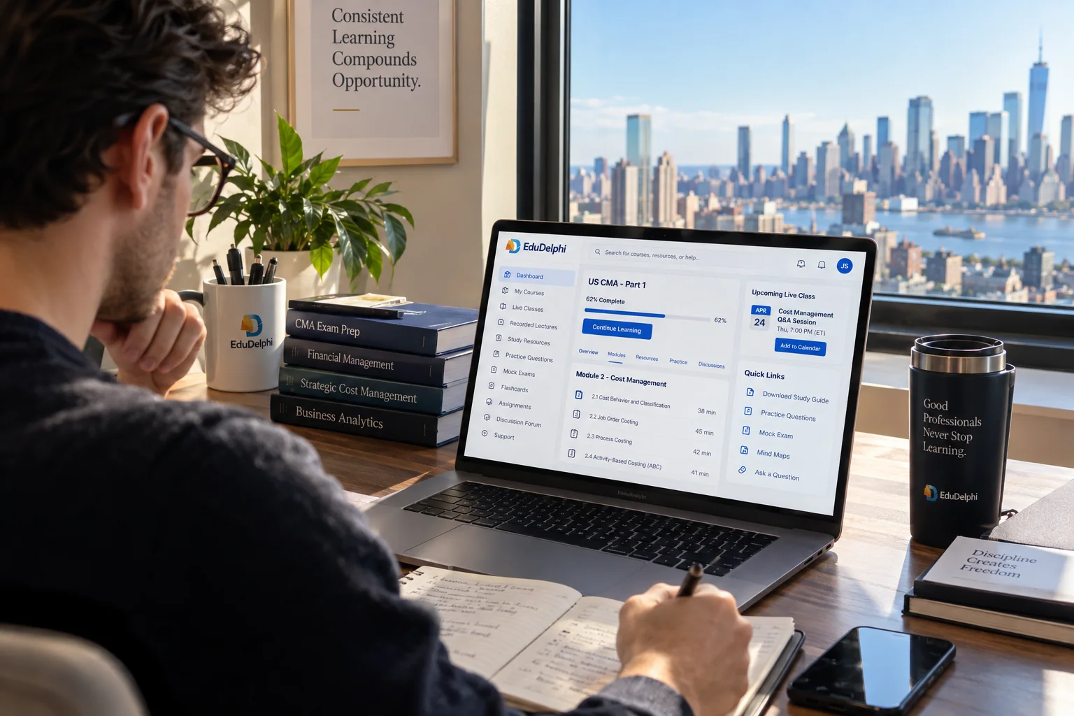 EduDelphi USA learning portal with recorded lectures, study resources, practice questions and mock exams