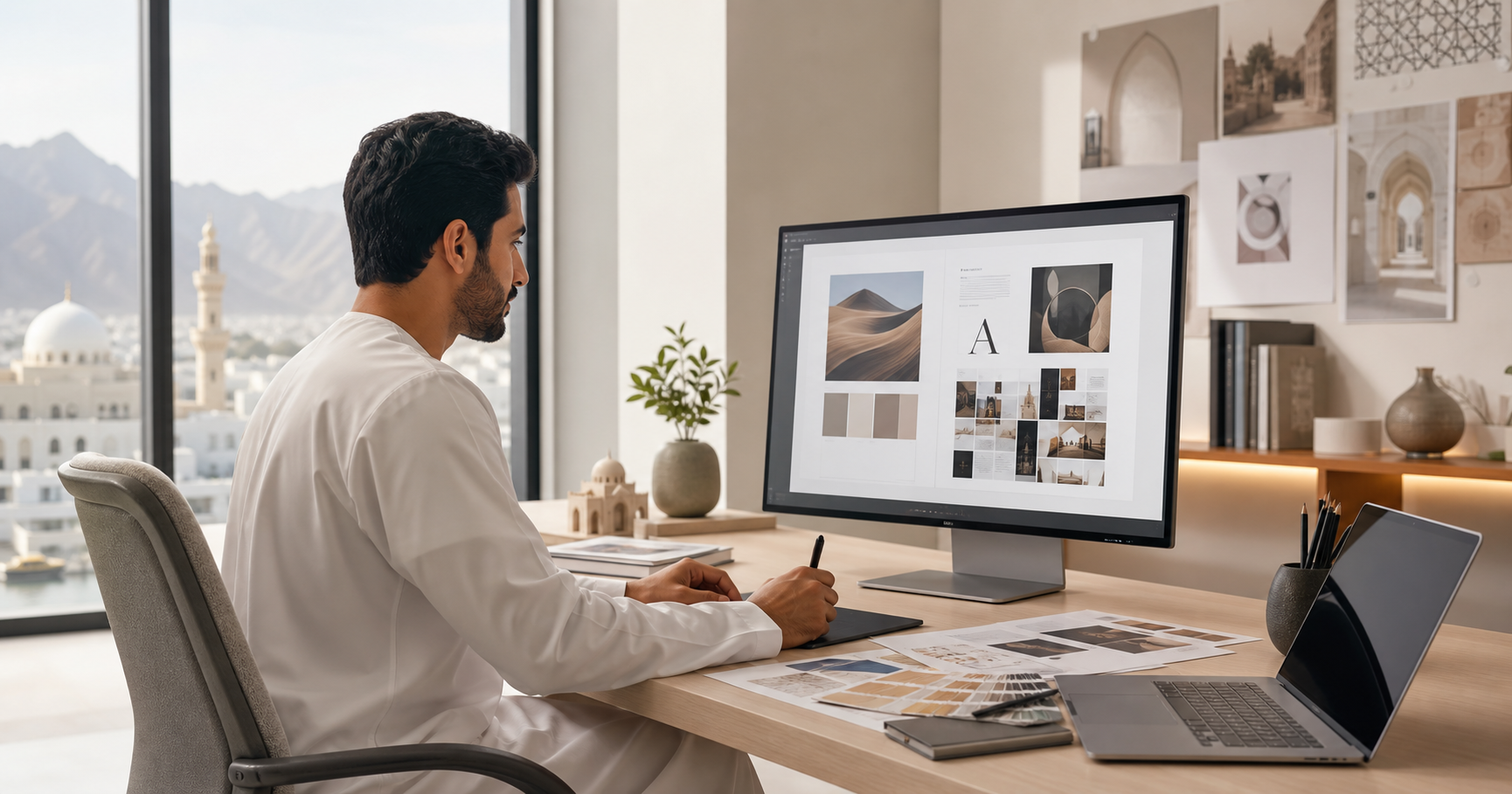 Graphic design course in Oman creative workspace visual with Adobe-style layouts and portfolio work