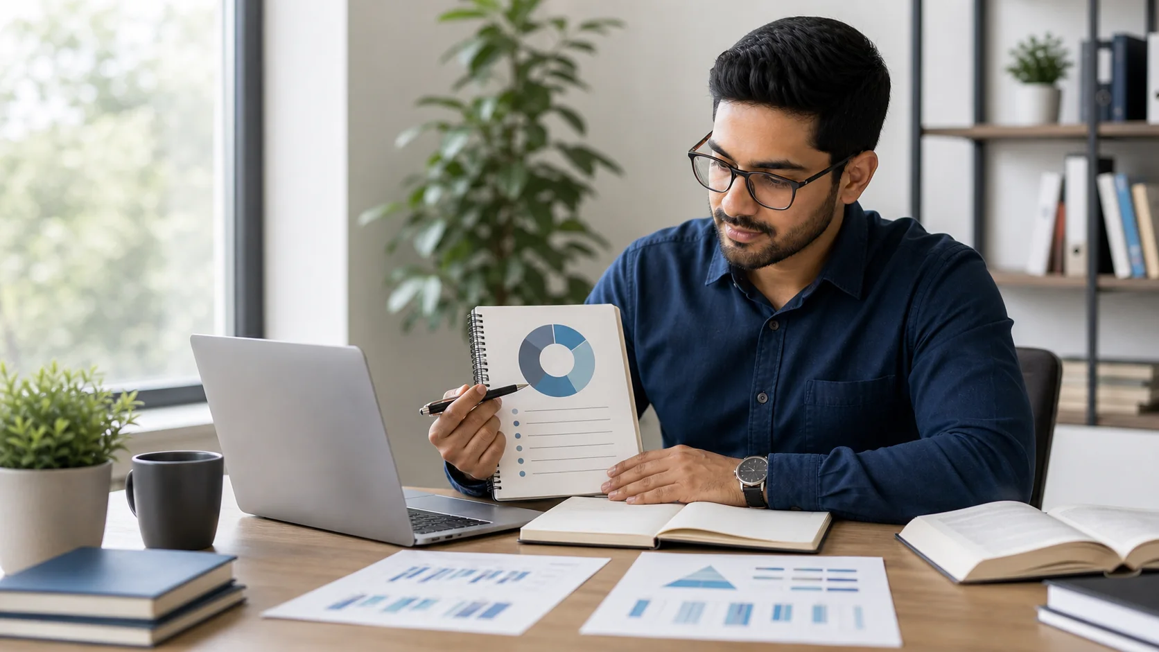 Candidate reviewing CISA domain priorities and study notes beside a laptop in a bright modern workspace
