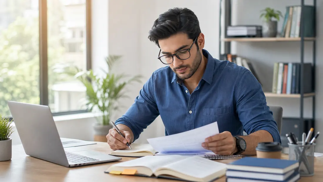 Professional studying for the CISA exam in a bright daytime workspace with notes and a laptop