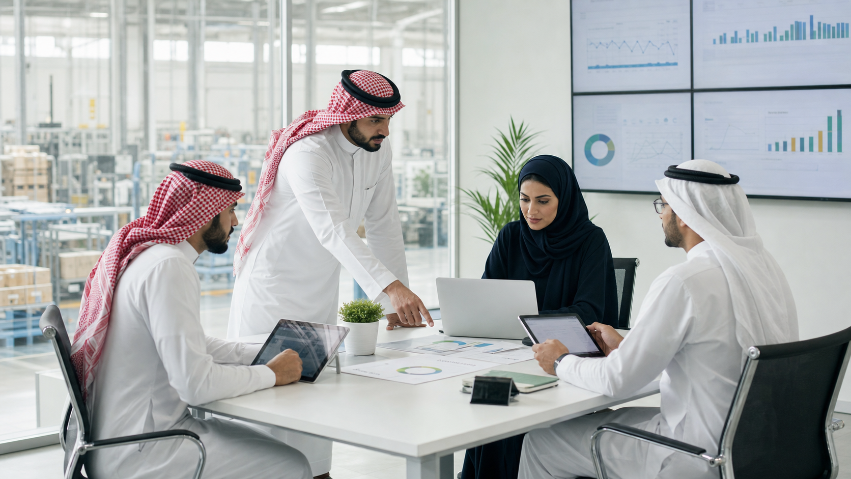 Saudi supply chain planning team reviewing inventory and production planning dashboards