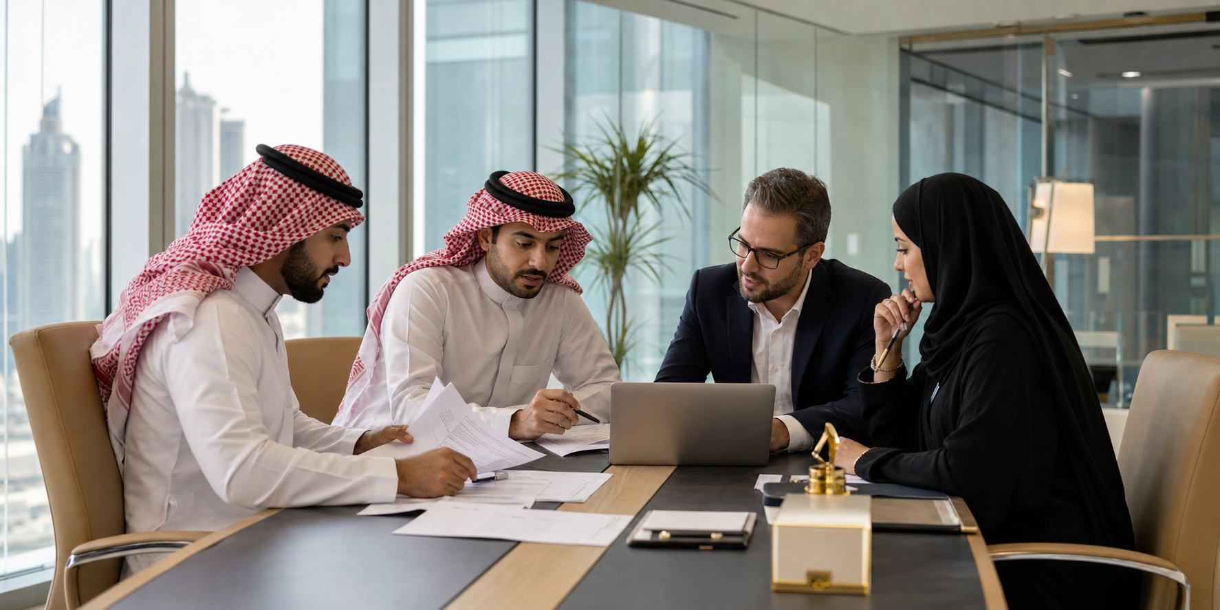 Saudi HR professionals discussing contracts, compliance and labour law updates in a bright office setting