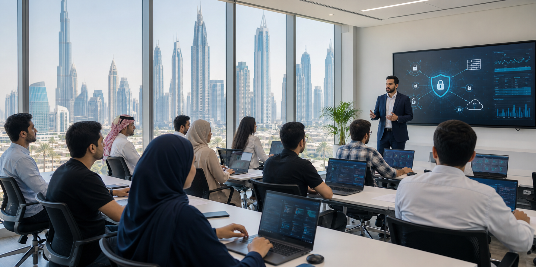 Cybersecurity learners in a modern Dubai classroom during a CompTIA Security+ training session