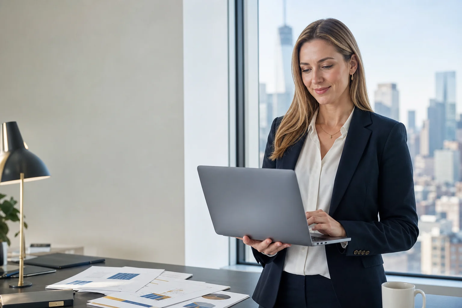 HR professional reviewing career progress and reward analysis in a bright New York City office