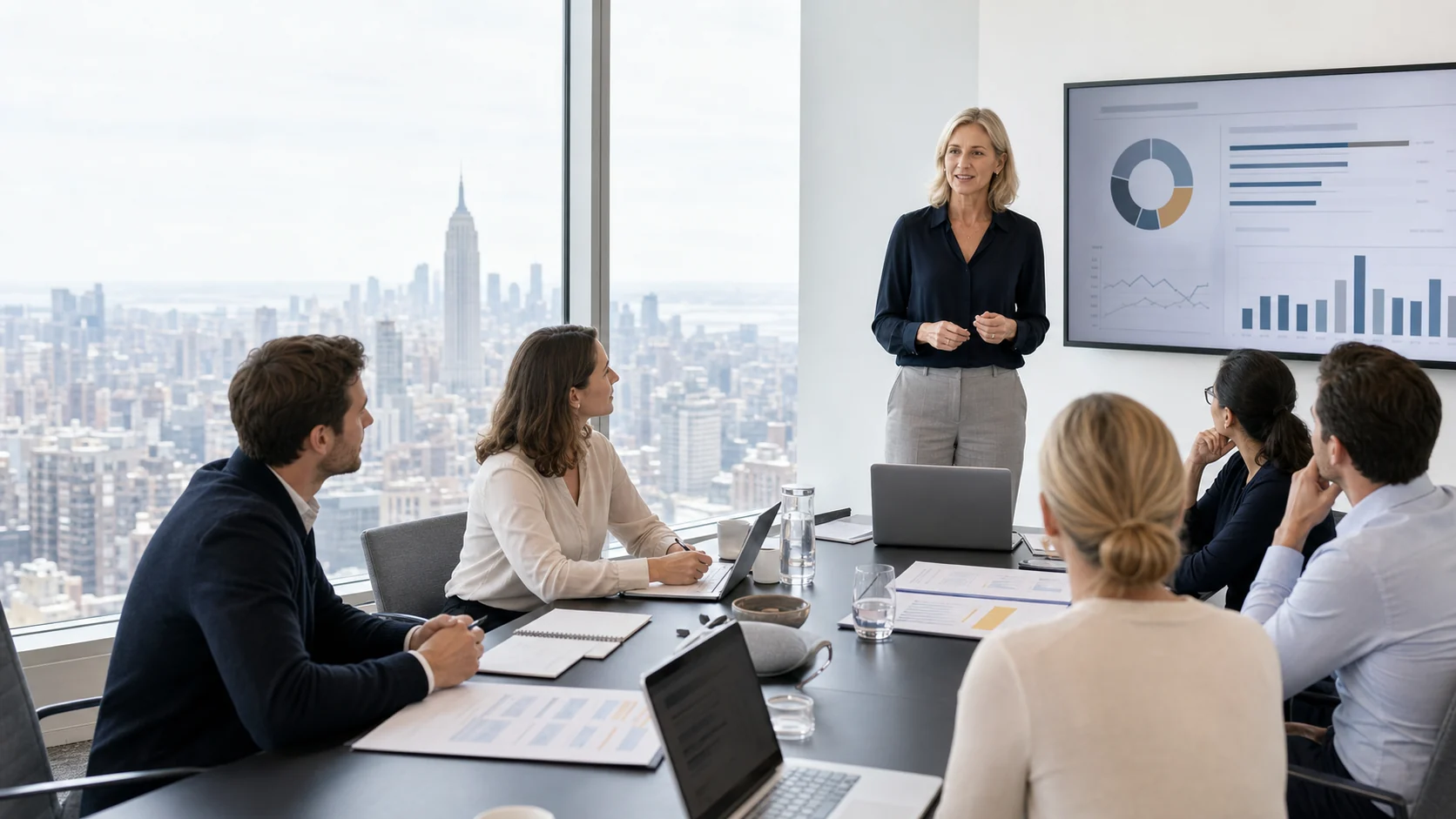 Instructor leading a compensation and benefits workshop in a bright New York City meeting room