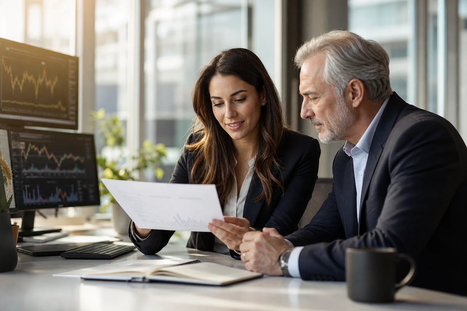 Investment professional reviewing a research note with a senior colleague