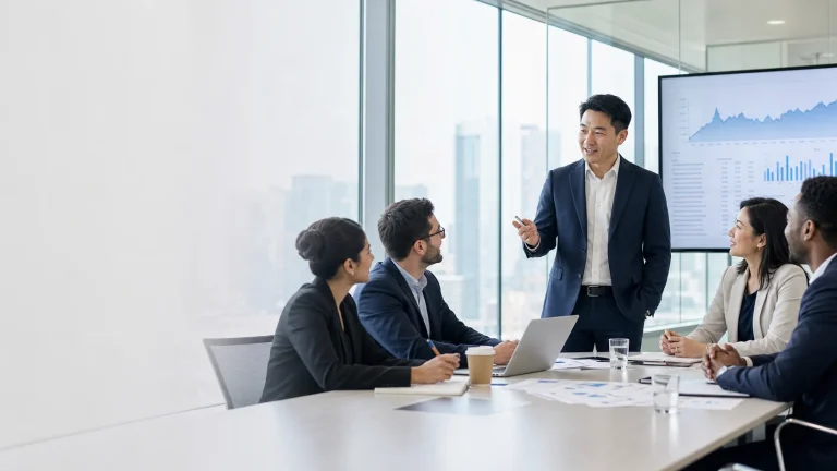Finance professionals discussing investment research in a bright global office