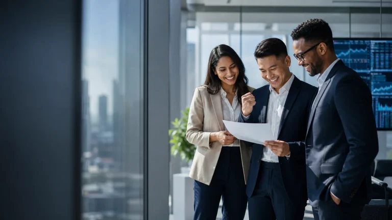 Finance professionals celebrating career progress in a bright global office