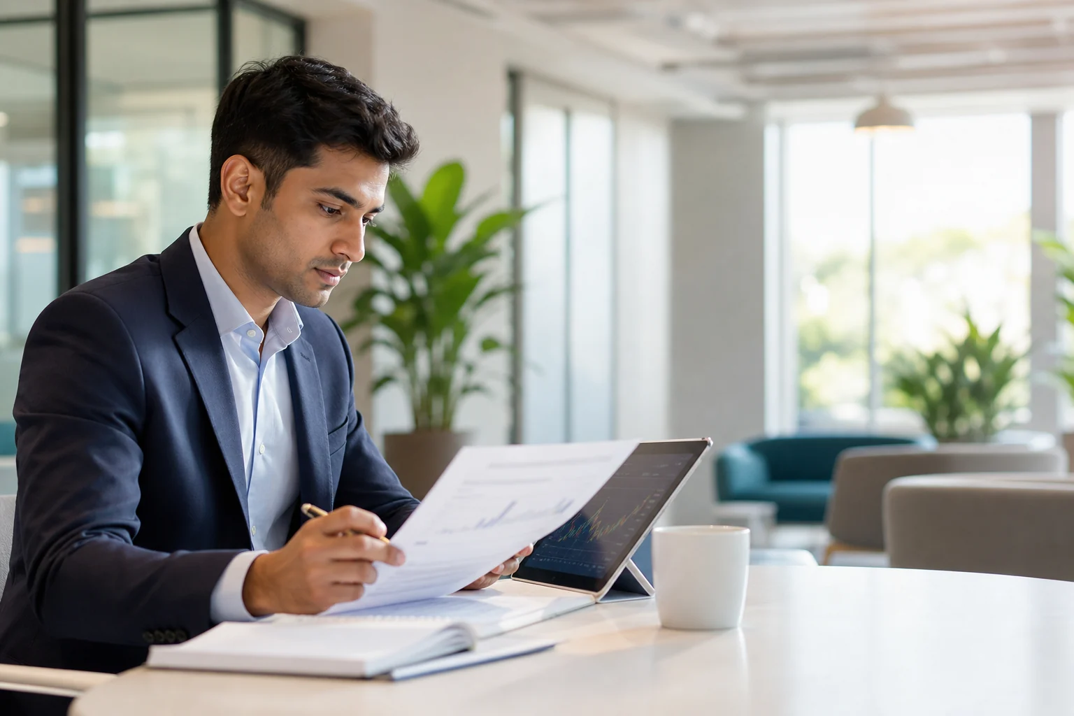 Finance professional reviewing CFA study materials in a bright office learning space