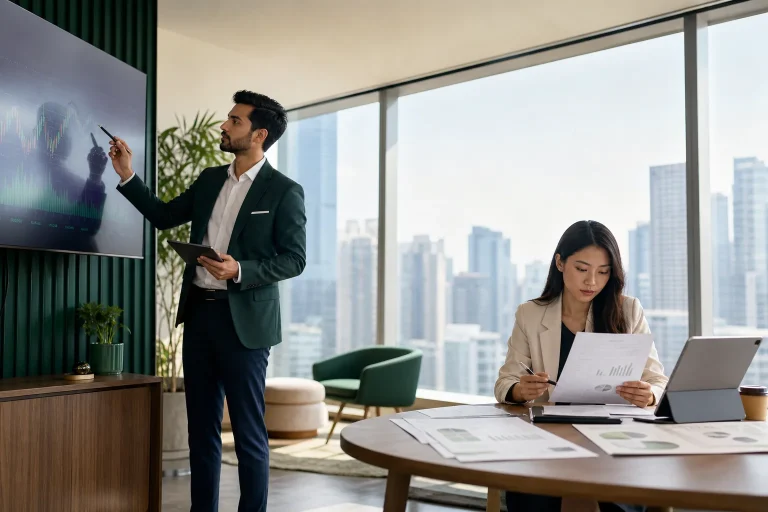 CFA and ACCA professionals comparing investment analysis and financial reporting in a global office