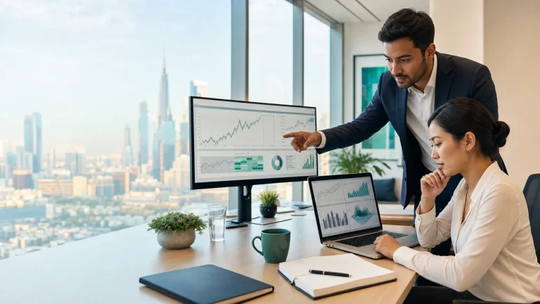 Finance professionals comparing investment analysis and risk data in a bright global office