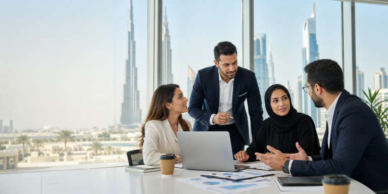 Professionals discussing CIA certification career value in a bright Dubai office