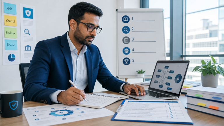 Professional reviewing a structured CISA study plan in a bright daytime office with laptop notes and audit exam materials