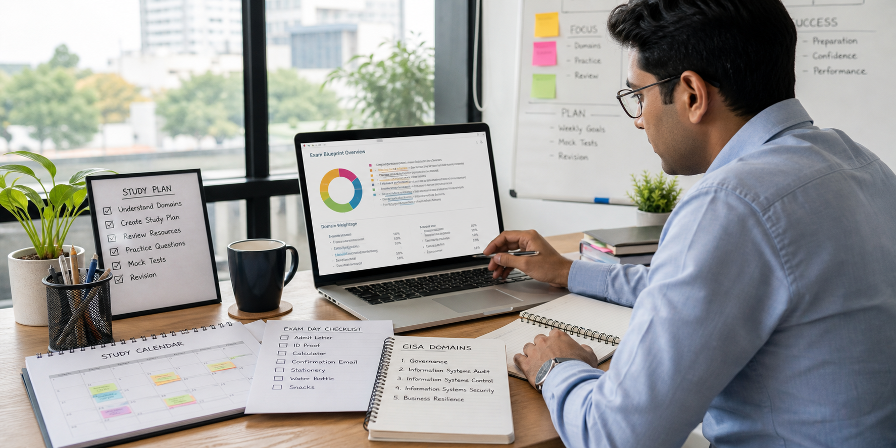 Professional reviewing a full CISA exam blueprint and study calendar in a bright daytime office with laptop notes and checklist