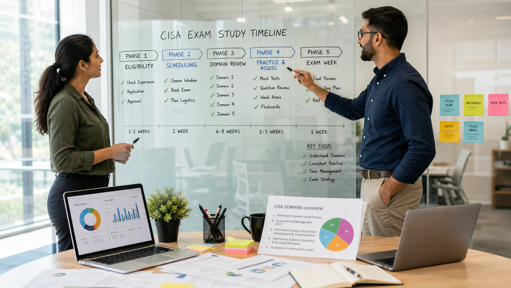 Two professionals mapping a CISA certification study timeline and exam phases on a glass board in a bright office