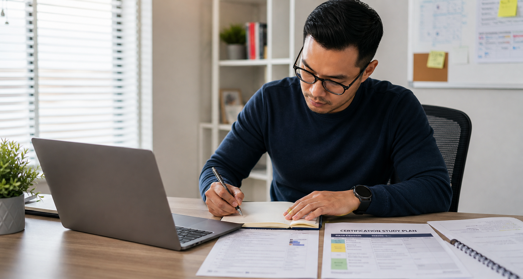 Professional studying for CISA or CISSP in a bright daytime workspace with laptop notes and structured exam plan
