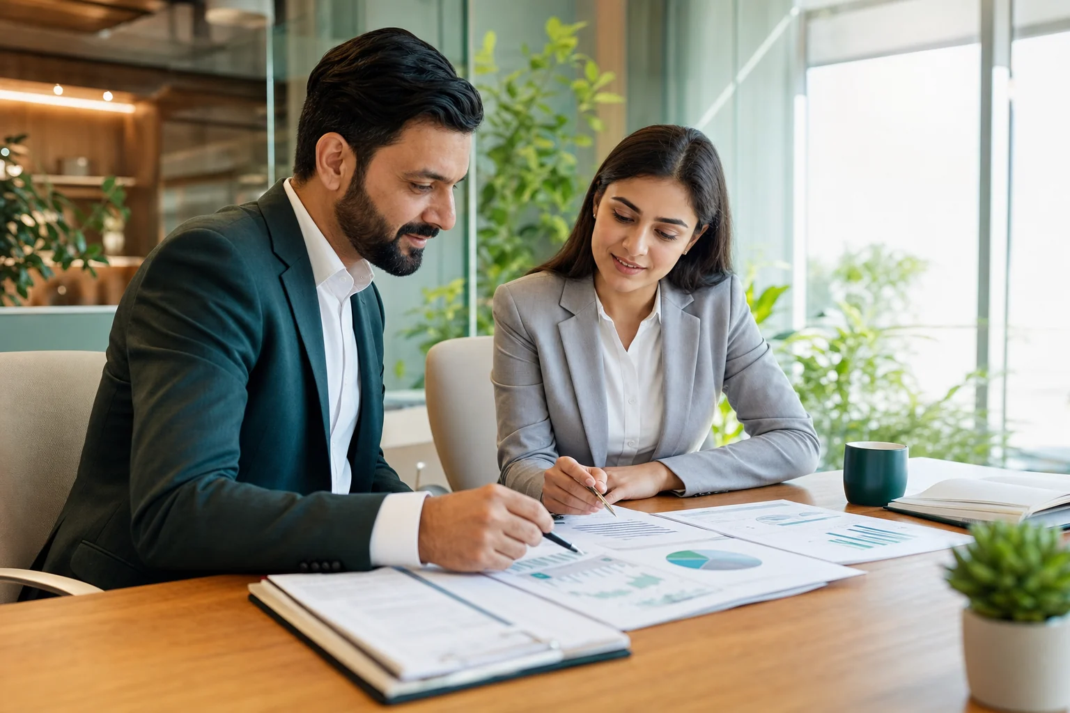 Finance professionals reviewing reporting and business analysis in a bright corporate office
