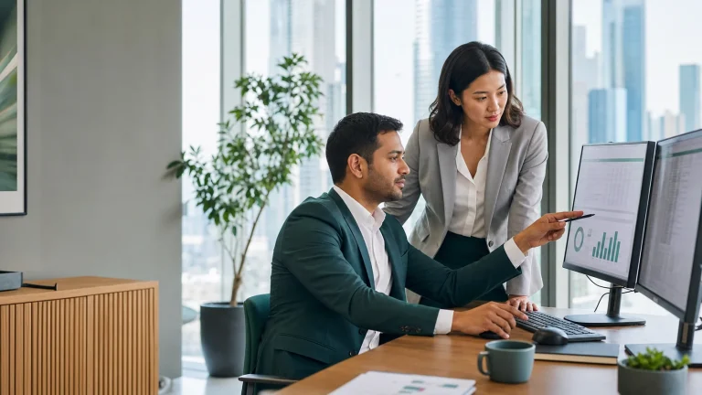 Finance professionals comparing accounting reporting and investment analysis in a bright global office