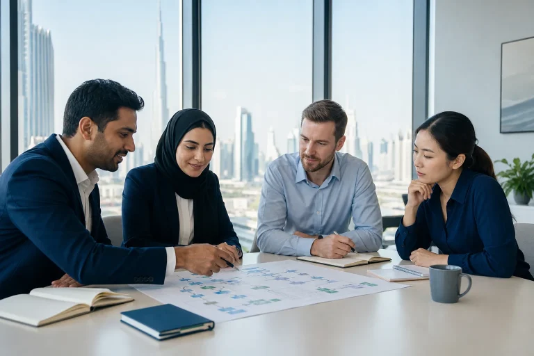 Supply chain professionals reviewing CSCP study material in a bright Dubai workshop