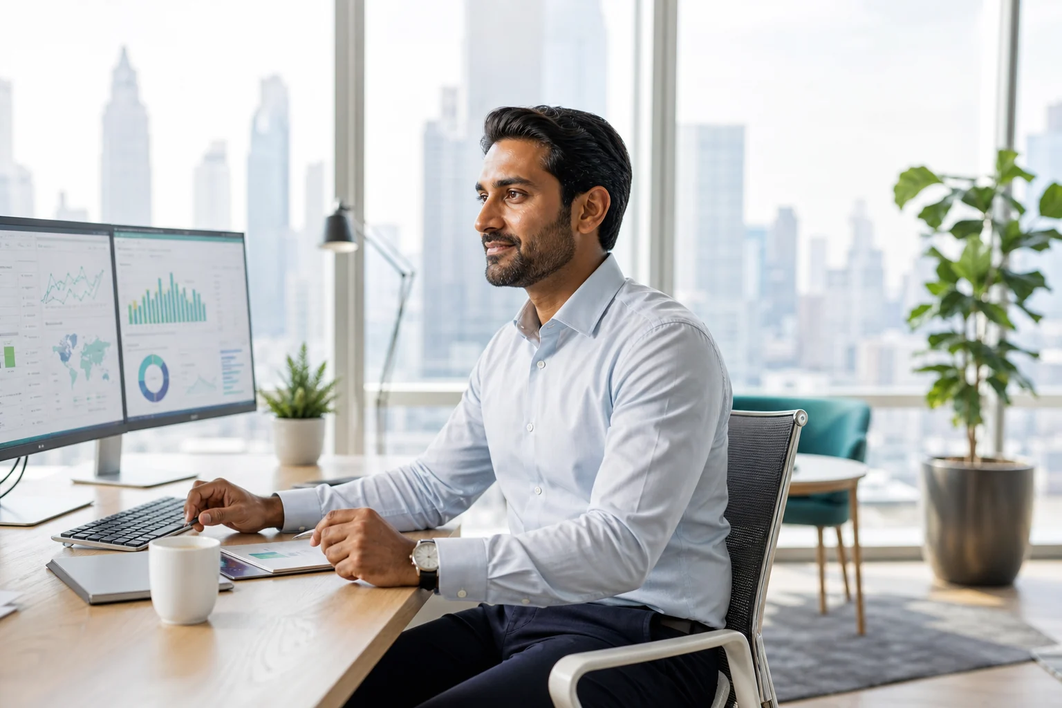 Financial risk professional reviewing market and risk data in a bright global office