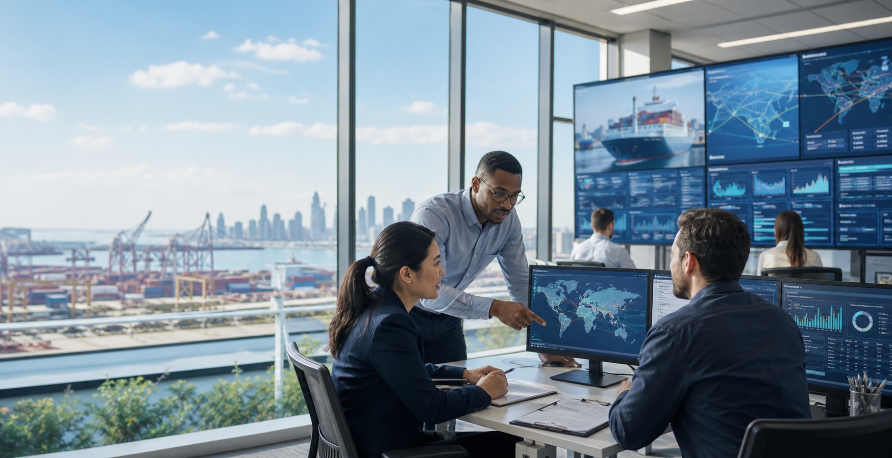 Supply chain courses online with professionals reviewing global logistics dashboards