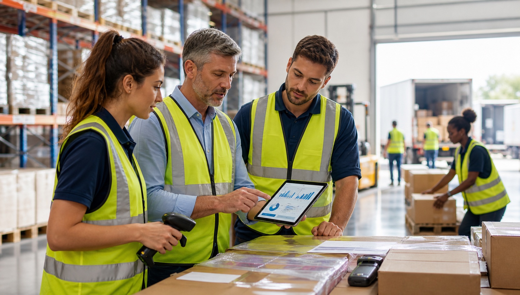 Supply chain and logistics professionals reviewing warehouse inventory operations