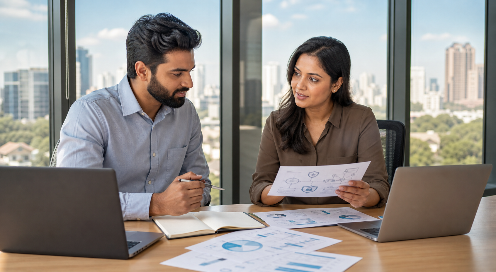 Two professionals reviewing audit, risk and cybersecurity certification options together in a bright daytime office workspace