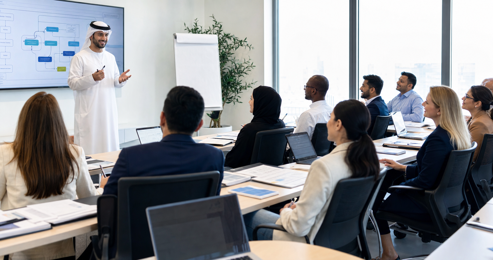 HR professionals reviewing UAE labour law checklists and compliance templates in a modern training session
