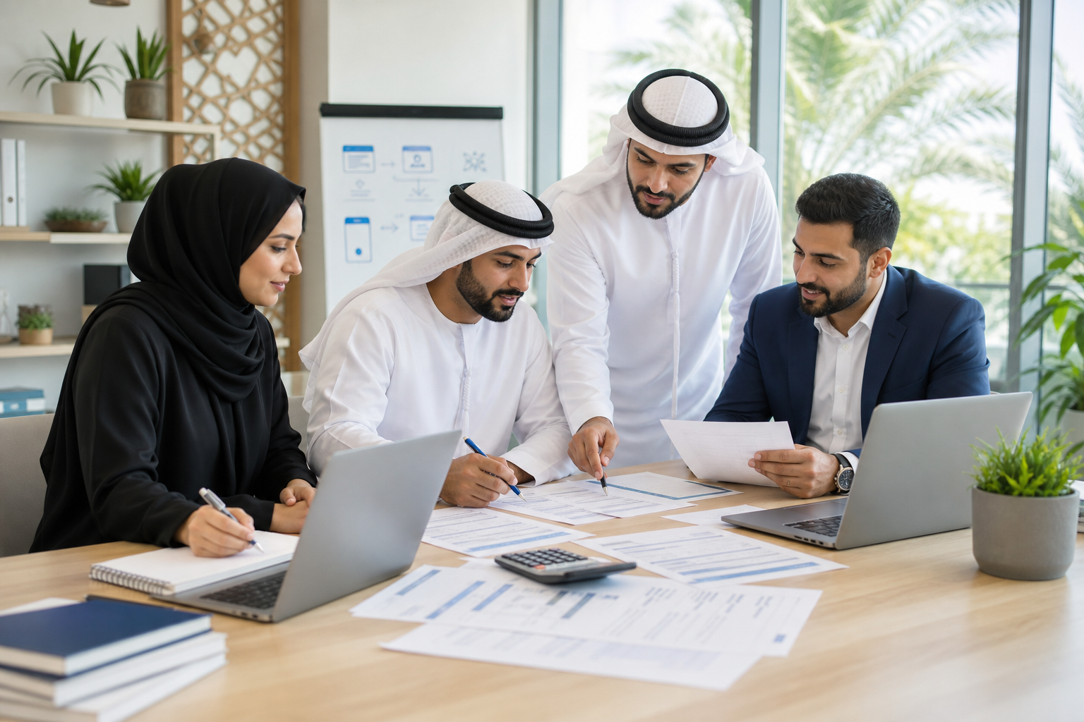 Finance professionals reviewing VAT worksheets and invoice checklists