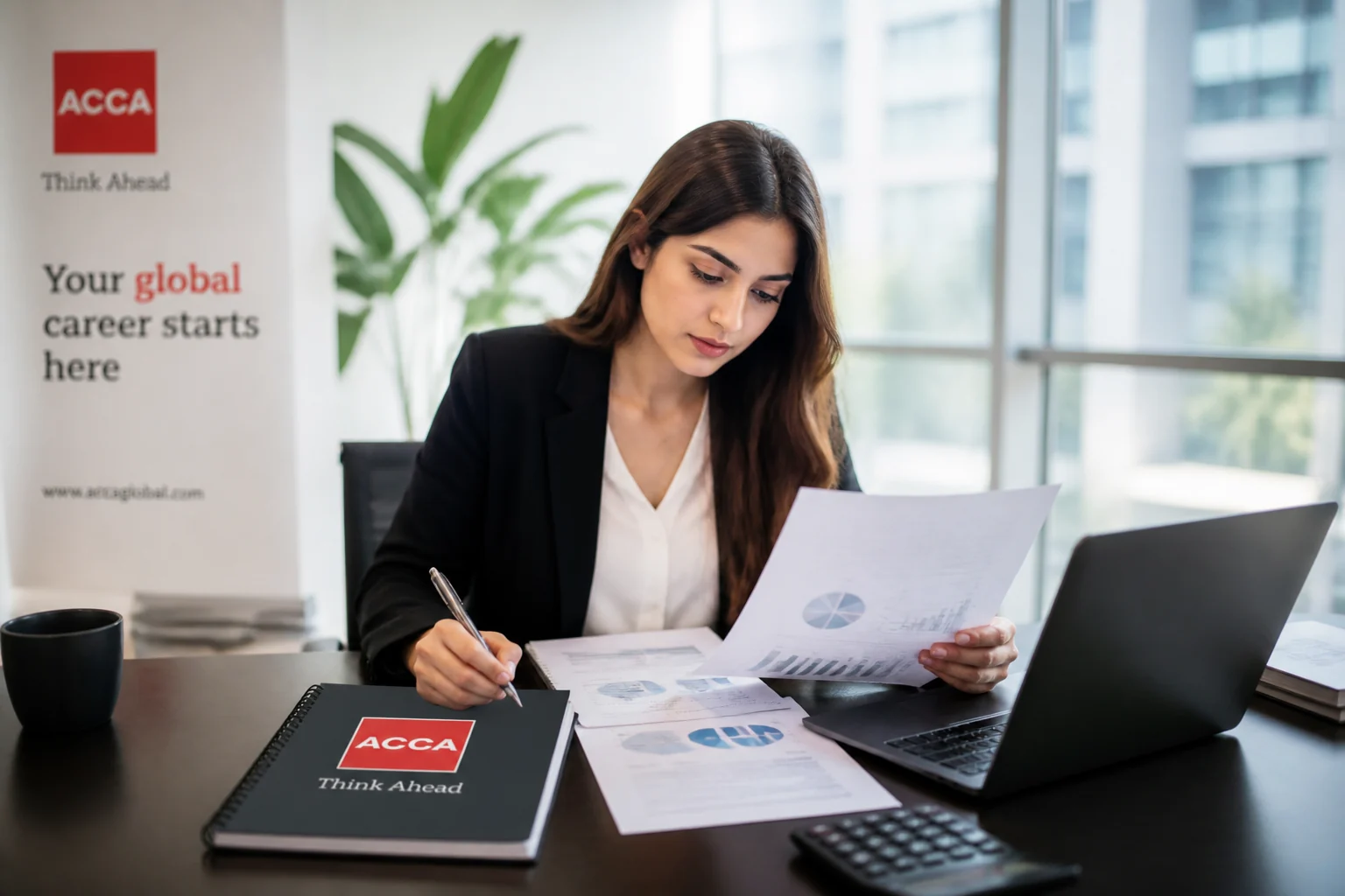 Finance professional reviewing reports and career planning materials with a visible ACCA study binder.