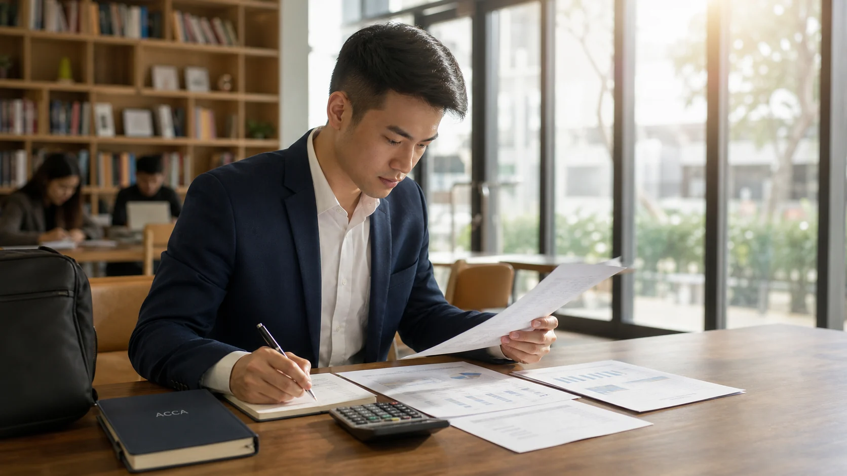 Finance professional studying with an ACCA notebook while reviewing financial reports and career notes.