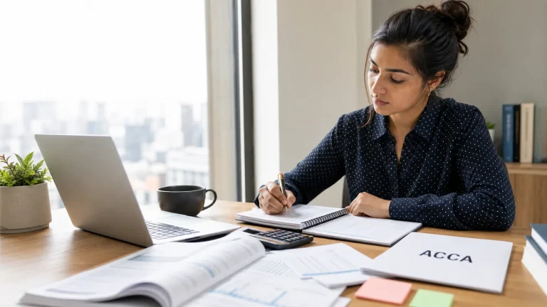 ACCA student preparing a realistic study timeline with accounting notes and a calculator