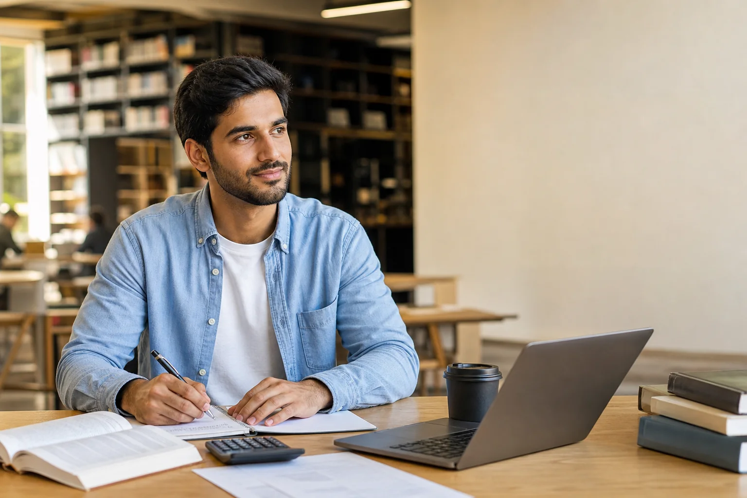 Early-career finance professional planning an ACCA study route in a quiet study space.