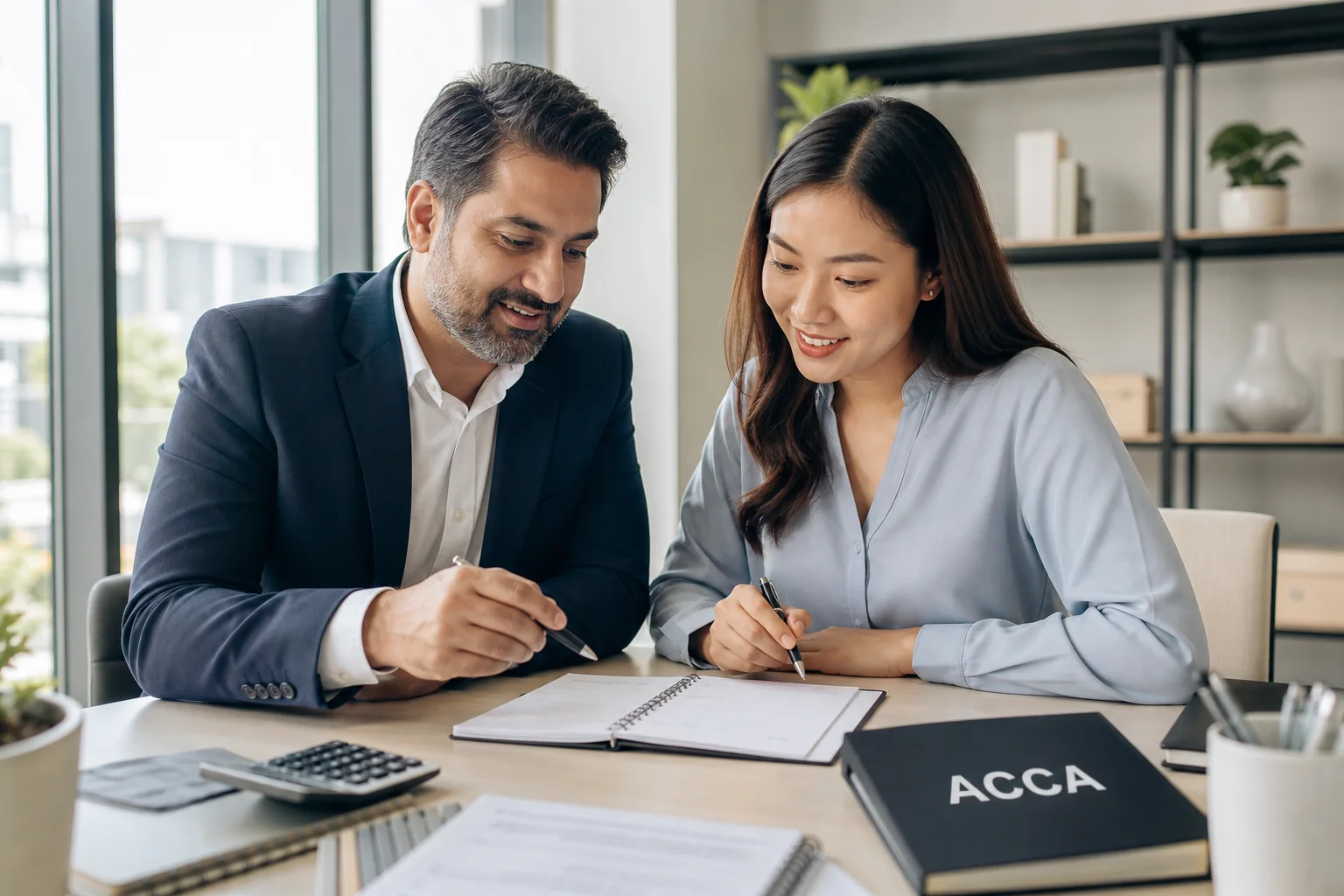 Accounting mentor and professional learner reviewing an ACCA study budget.