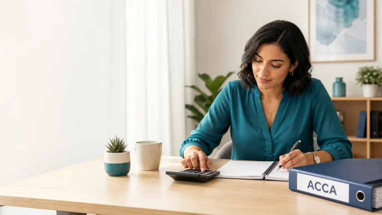 Professional accounting learner planning ACCA exam costs with a calculator and ACCA study binder.