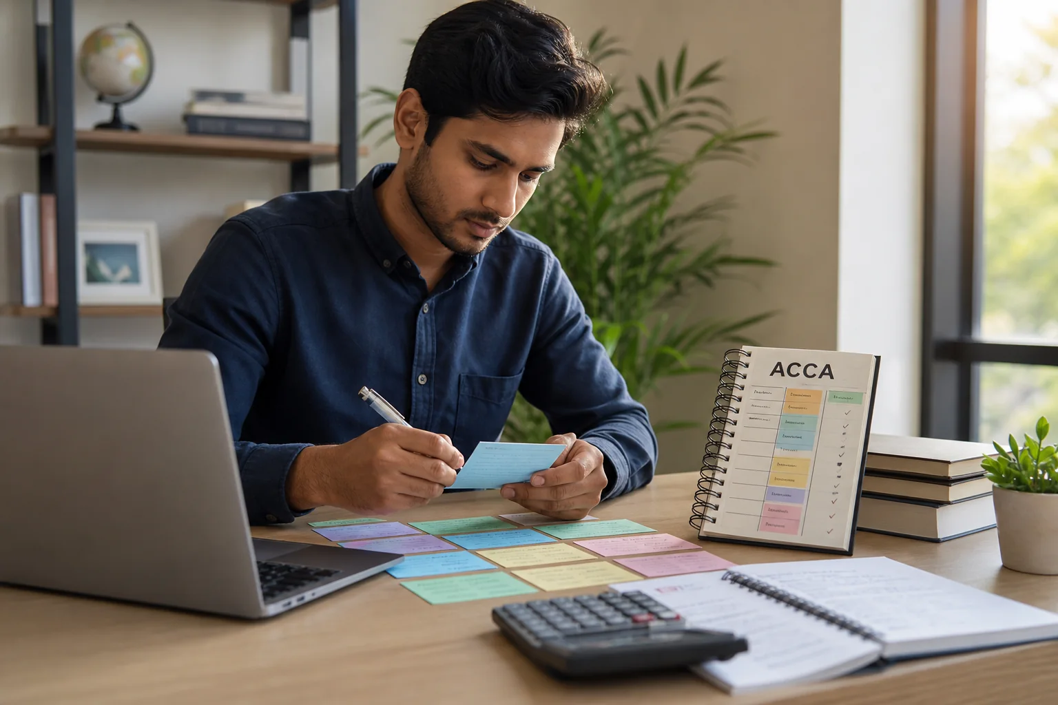 Professional learner studying ACCA materials with a planner and calculator.