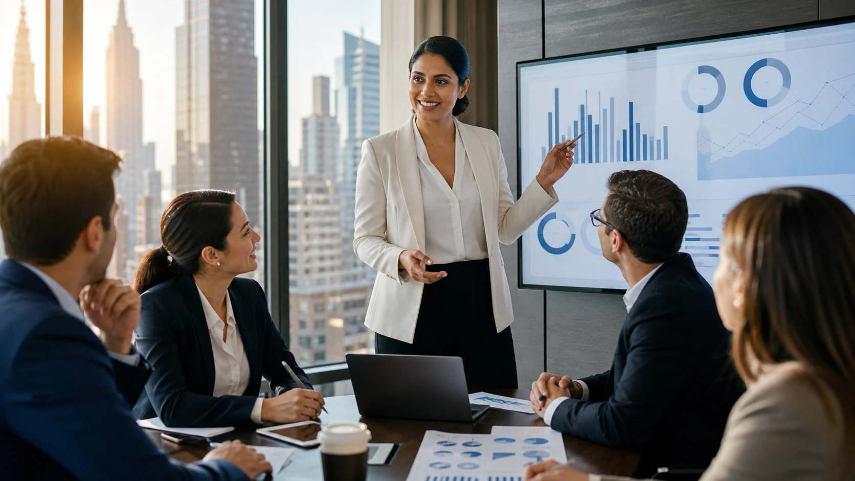 Finance professionals discussing career progression and reporting insights